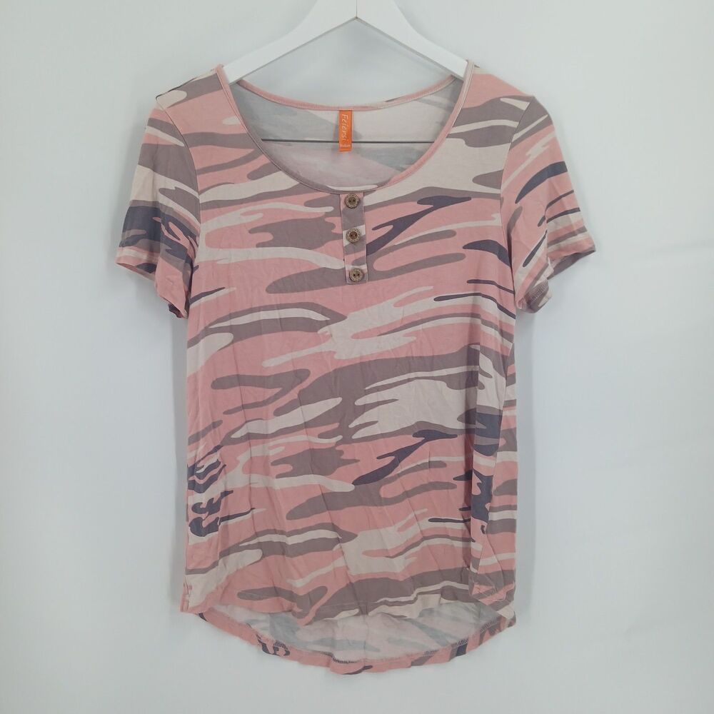 Feiersi Pink Camo Print Short Sleeve Henly V-Neck Top Womens Size Medium